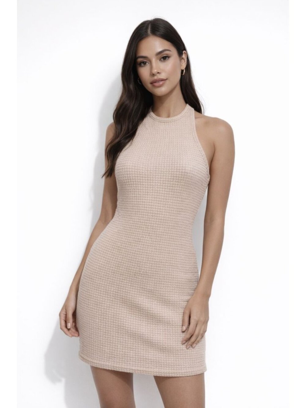 Shein Bodycon Mini Dress Womens Extra Small Beige Halter Neck Sleeveless Casual